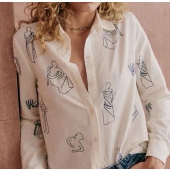 Sezane Tops - SÉZANE x Roberto Ruspoli Tom Shirt Print Size 32   XXS Long Sleeve Linen White